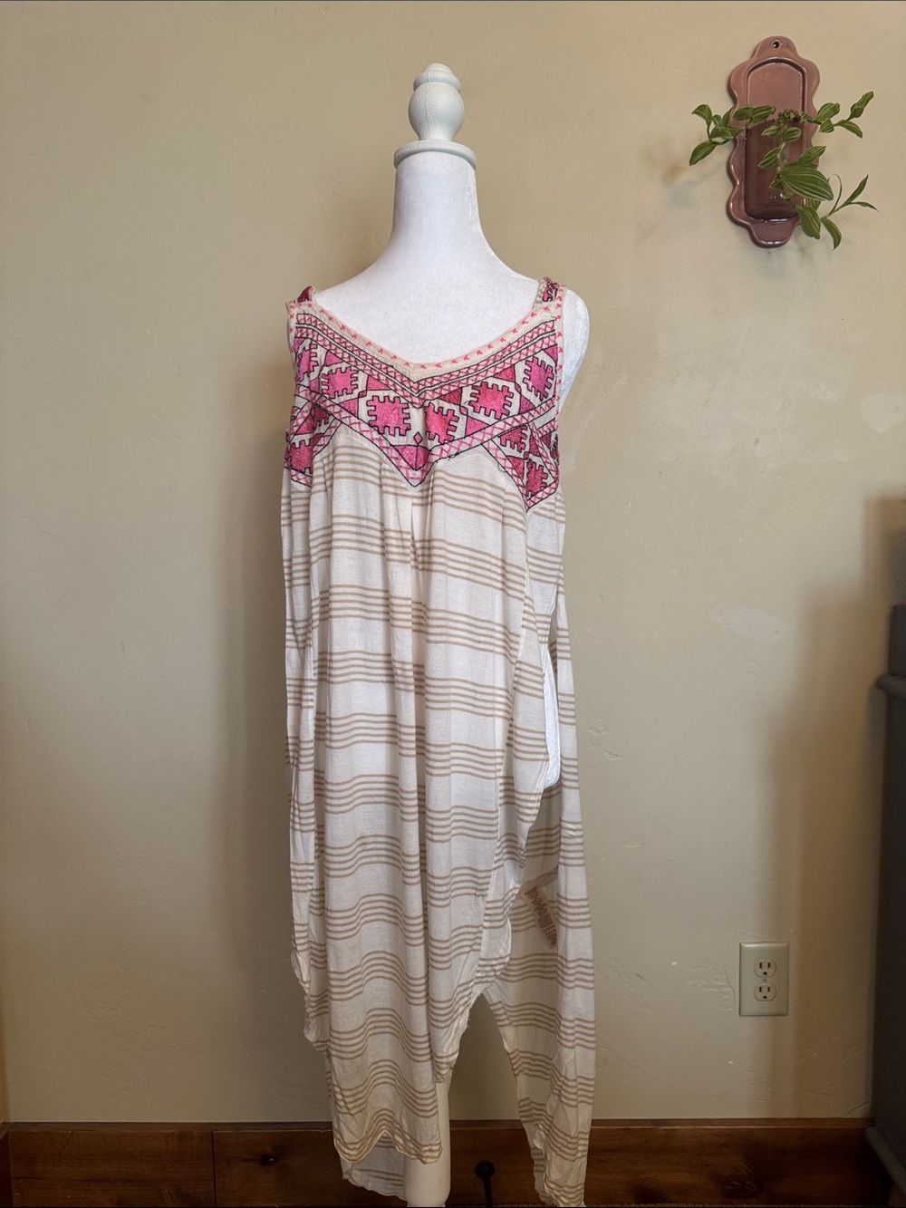 Free People Cream Striped Tank with Pink Embroidered Yoke